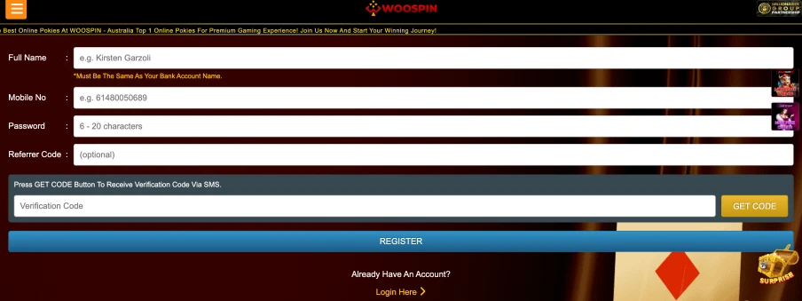 New Player Registration Form at WooSpin Casino